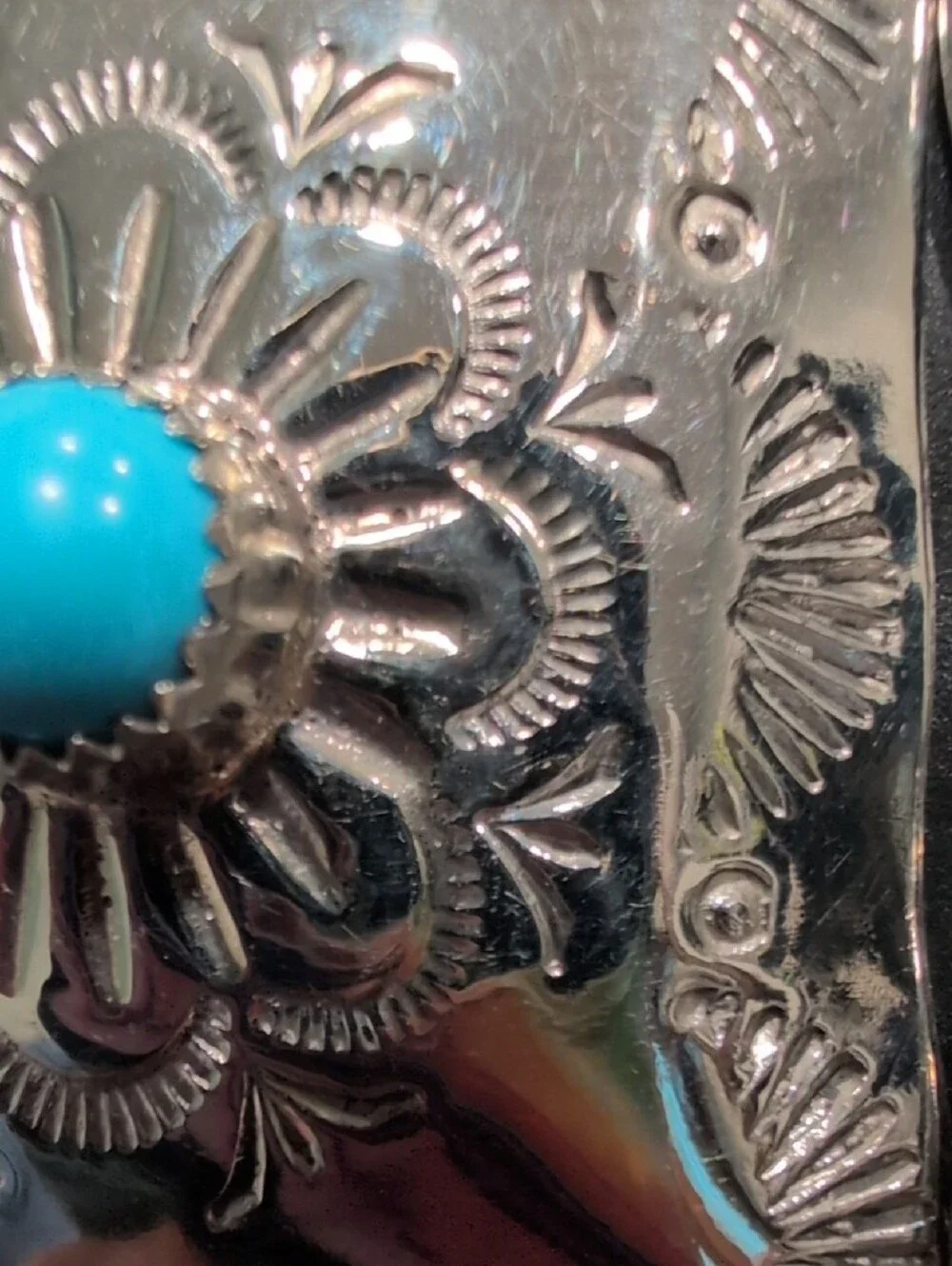 Turquoise Accent Nickel Silver Concho Black Leather Bracelet